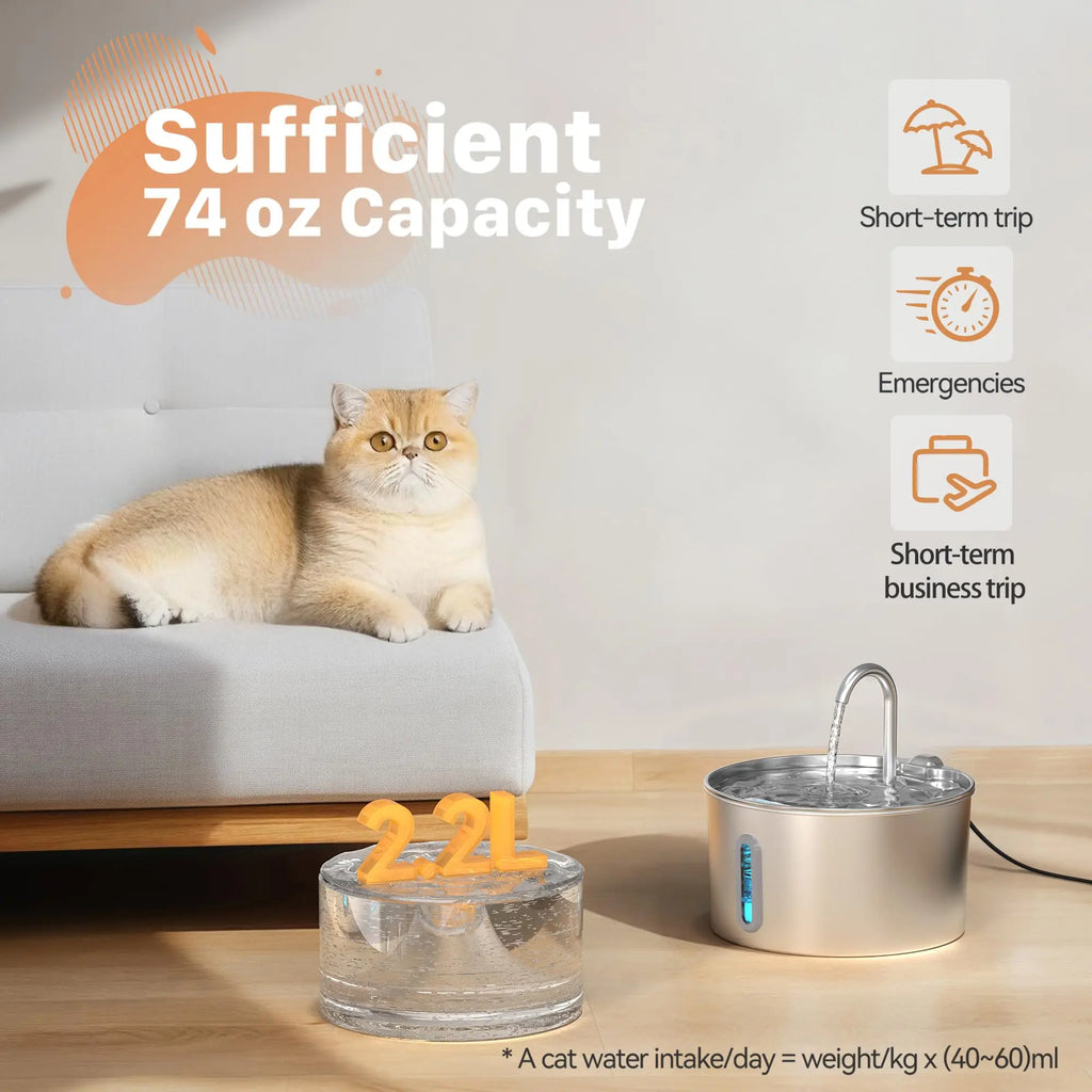 Stainless Steel Pet Water Fountain – 2.2L Automatic Dispenser for Cats & Dogs